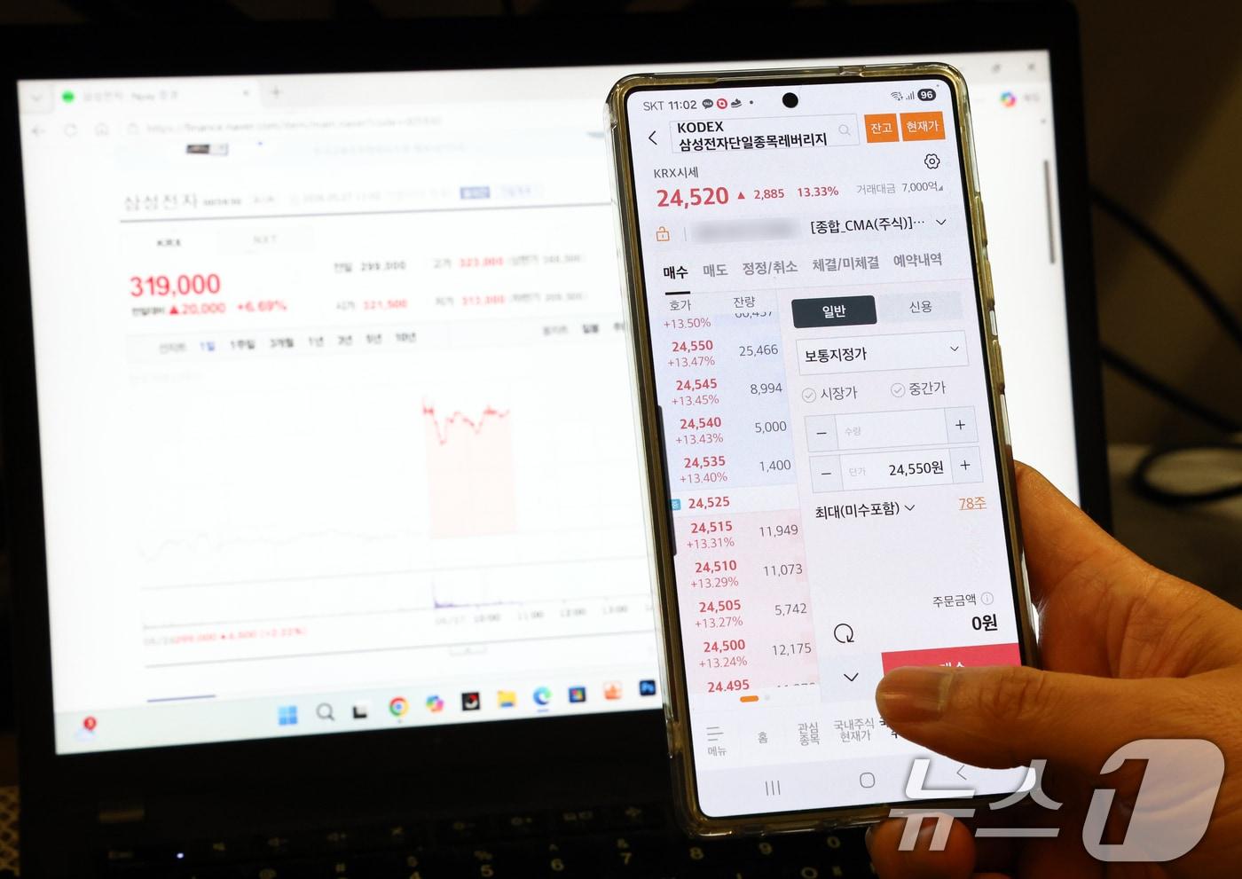 본문 이미지 - 삼성전자와 SK하이닉스 단일종목 레버리지 상장지수펀드(ETF)가 출시된 27일 서울의 한 사무실에서 개인 투자자가 모바일트레이딩시스템(MTS)을 살펴보고 있다. 2026.5.27 ⓒ 뉴스1 최지환 기자