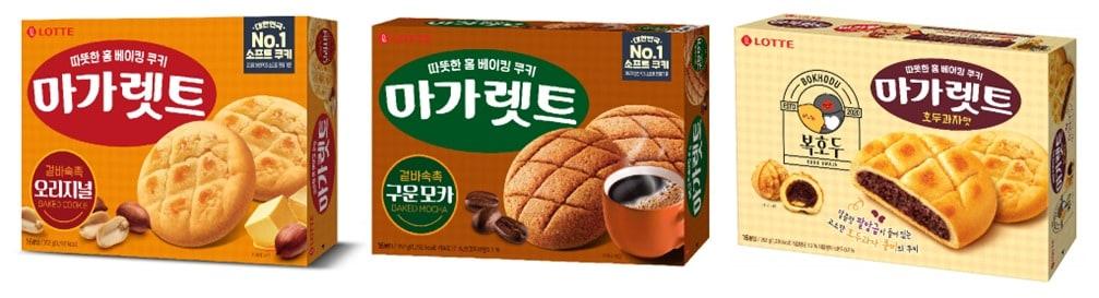 본문 이미지 - 롯데웰푸드 마가렛트 제품 모음. (왼쪽부터)오리지널·구운모카·호두과자맛(롯데웰푸드 제공)