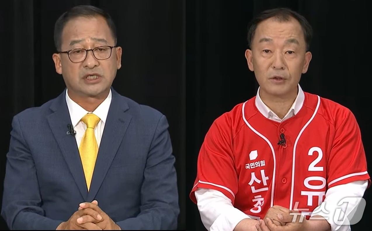 본문 이미지 - KNN 산청군수 후보자 토론회에 참석한 민주당 최호림(왼쪽), 국민의힘 유명현 후보 연설 장면. 2026.5.27