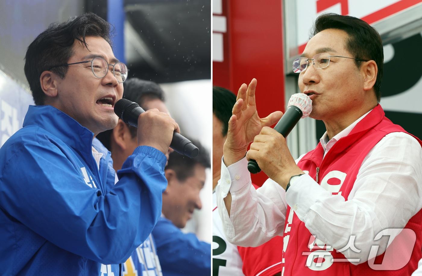 본문 이미지 - 박찬대 더불어민주당 인천시장 후보(왼쪽)와 유정복 국민의힘 인천시장 후보가 27일 오후 인천 강화군 강화풍물시장에서 유권자들에 지지를 호소하고 있다. 2026.5.27 ⓒ 뉴스1 황기선 기자