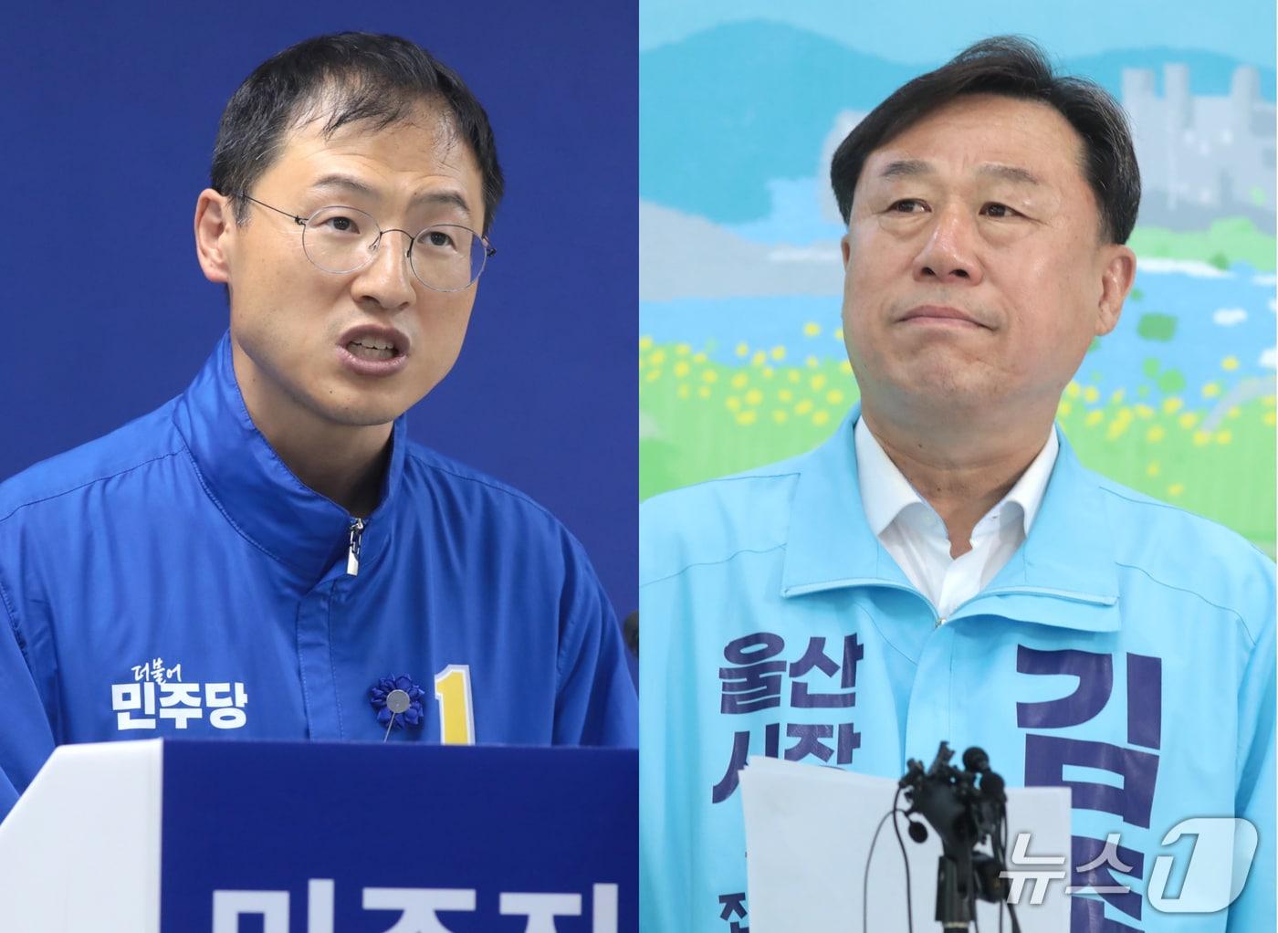 본문 이미지 - 김상욱 더불어민주당, 김종훈 진보당 울산시장 후보가 27일 각각 자신의 선거캠프에서 민주진보 단일화와 관련한 입장을 밝히고 있다. 2026.5.27 ⓒ 뉴스1 김세은 기자