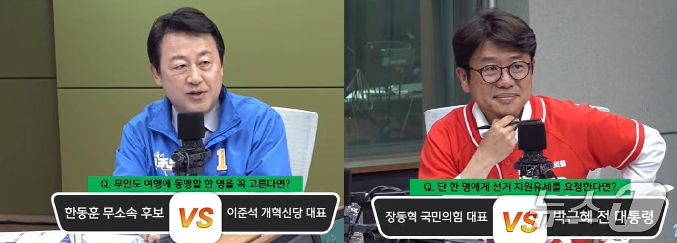 본문 이미지 - 27일 밤 경기평택을 국회의원 재선거 후보자 토론회에서 김용남 더불어민주당 후보, 유의동 국민의힘 후보가 밸런스 게임을 하고 있는 모습. (CBS 박재홍의 한판승부 갈무리) ⓒ 뉴스1 