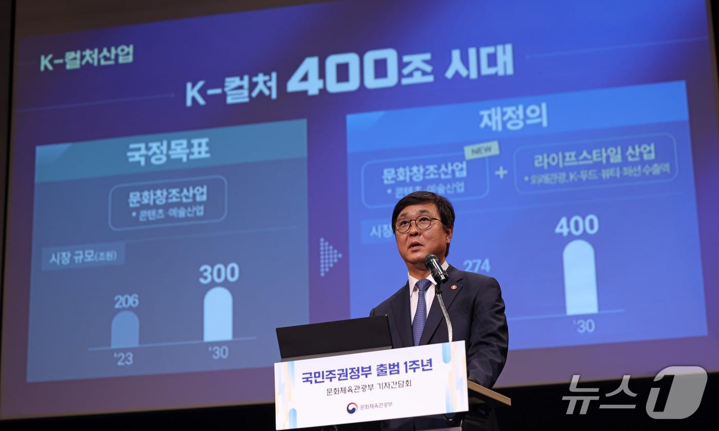 본문 이미지 - 최휘영 문체부 장관은 28일 출범 1주년 기자간담회에서 K컬처 개념 재정의와 목표 상향 방안을 공개했다. 최 장관은 "새로 정리한 기준으로 시장 규모를 다시 보니 2025년 잠정치가 274조 원이었다"며 "이에 따라 2030년까지 K-컬처 목표를 기존 300조 원에서 400조 원으로 상향 조정하려고 한다"고 말했다.