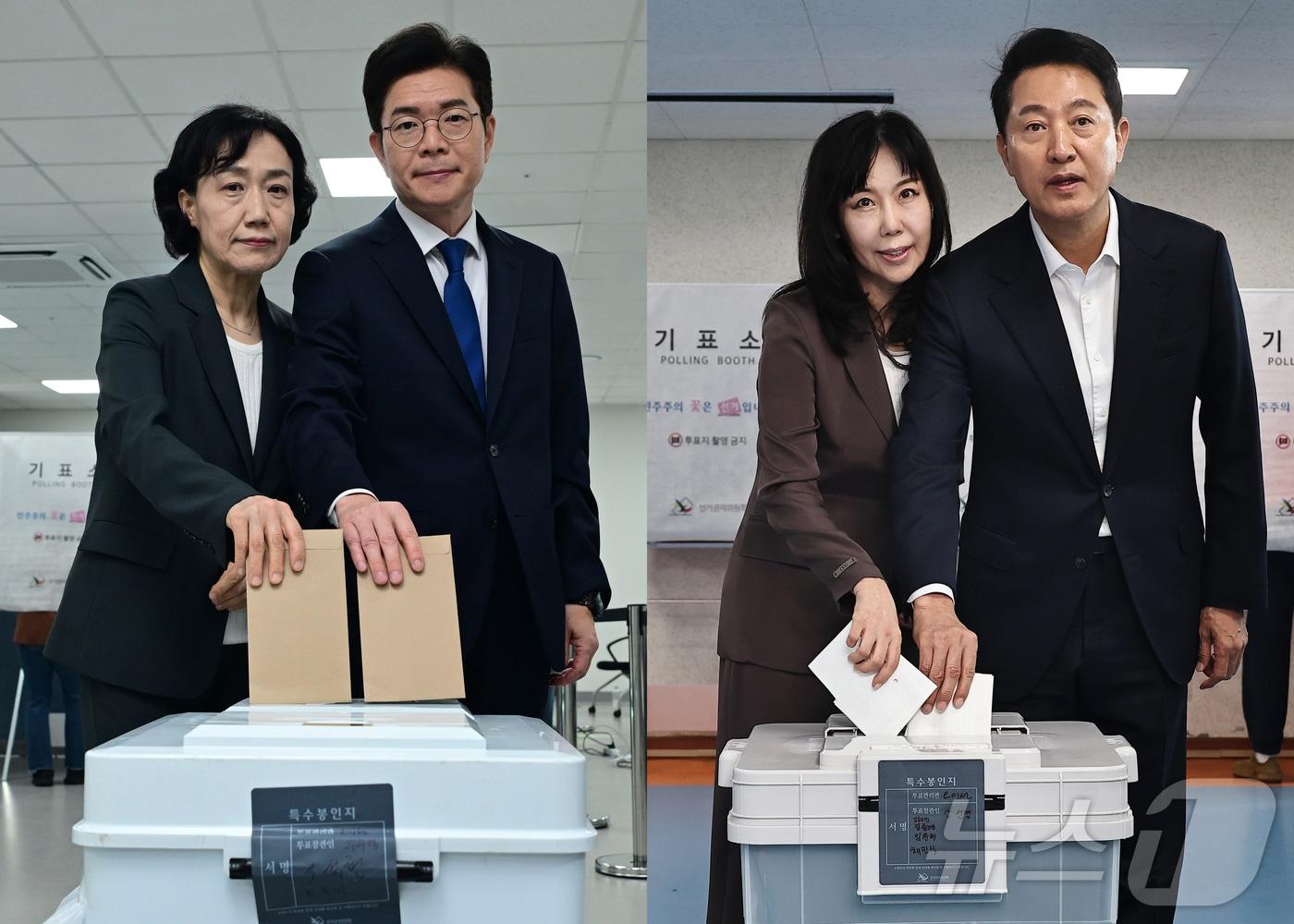 본문 이미지 - 정원오 더불어민주당 서울시장 후보(왼쪽)와 오세훈 국민의힘 서울시장 후보가 제9회 전국동시지방선거 사전투표 첫날인 29일 오전 배우자와 함께 각각 사전투표소인 소공동 행정복합청사와 한남동 주민센터에서 한 표를 행사하고 있다. 2026.5.29 ⓒ 뉴스1