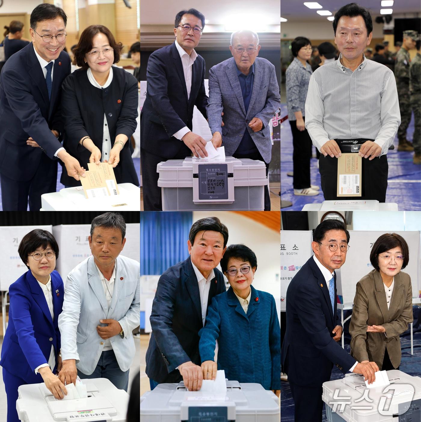본문 이미지 - 제9회 전국동시지방선거 사전투표 첫날인 29일 오전 사전투표를 하고 있는 제주도지사 선거 기호 1번 위성곤 더불어민주당 후보(윗줄 왼쪽부터), 기호 2번 문성유 국민의힘 후보, 기호 5번 양윤녕 무소속 후보, 제주도교육감 선거 고의숙 후보(아랫줄 왼쪽부터·이름순)와 김광수 후보, 송문석 후보.2026.5.29/뉴스1