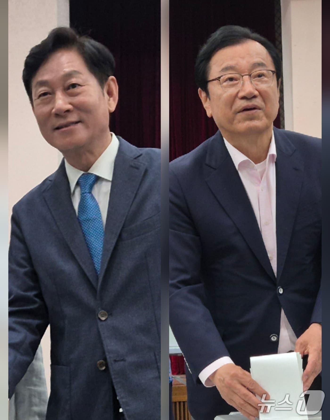 본문 이미지 -  6·3 전국동시지방선거 사전투표 첫날인 29일 경기 하남시장 여야 후보들이 일제히 한 표를 행사하고 있다. 왼쪽부터 강병덕 더불어민주당 후보, 이현재 국민의힘 후보.2026.05.29/뉴스1 양희문 기자