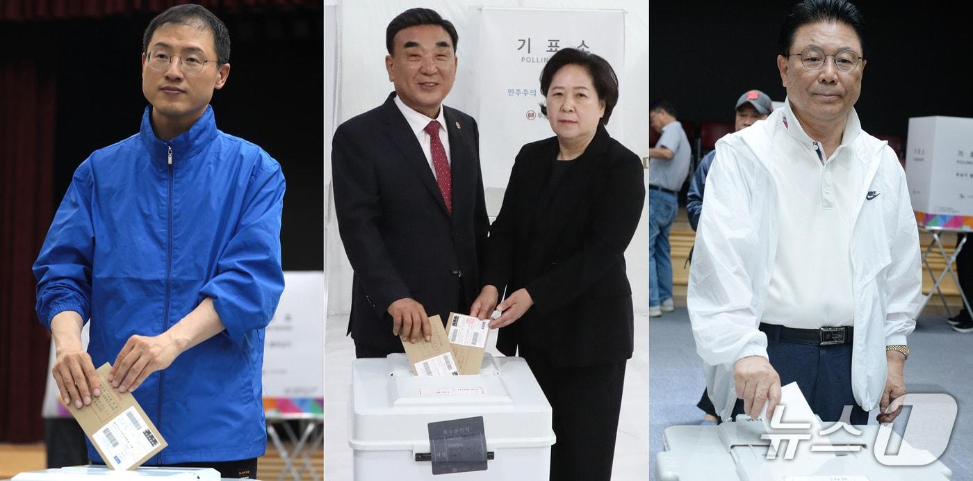 본문 이미지 - 김상욱 더불어민주당(왼쪽부터), 김두겸 국민의힘, 박맹우 무소속 울산시장 후보가 29일 울산 남구 관내에 마련된 사전투표소에서 투표를 하고 있다. 2026.5.29 ⓒ 뉴스1 조민주·김세은 기자