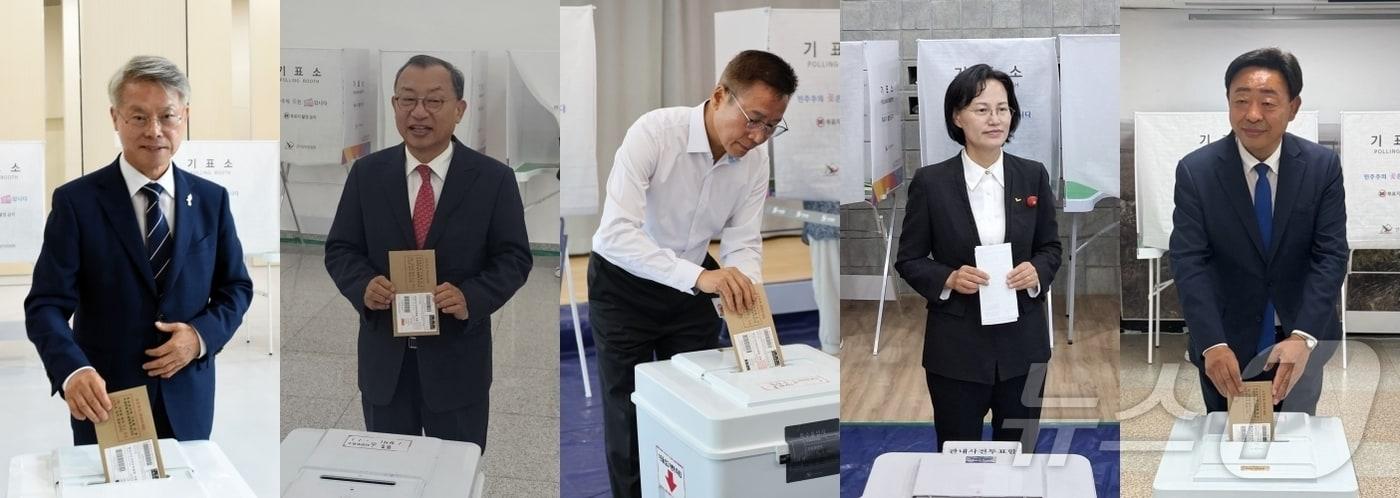 본문 이미지 - 6·3지방선거 사전투표하는 전남광주특별시장 후보들. 왼쪽부터 민형배 더불어민주당 후보,이정현 국민의힘 후보, 이종욱 진보당 후보, 강은미 정의당 후보, 김광만 무소속 후보. 2026.5.29 ⓒ 뉴스1