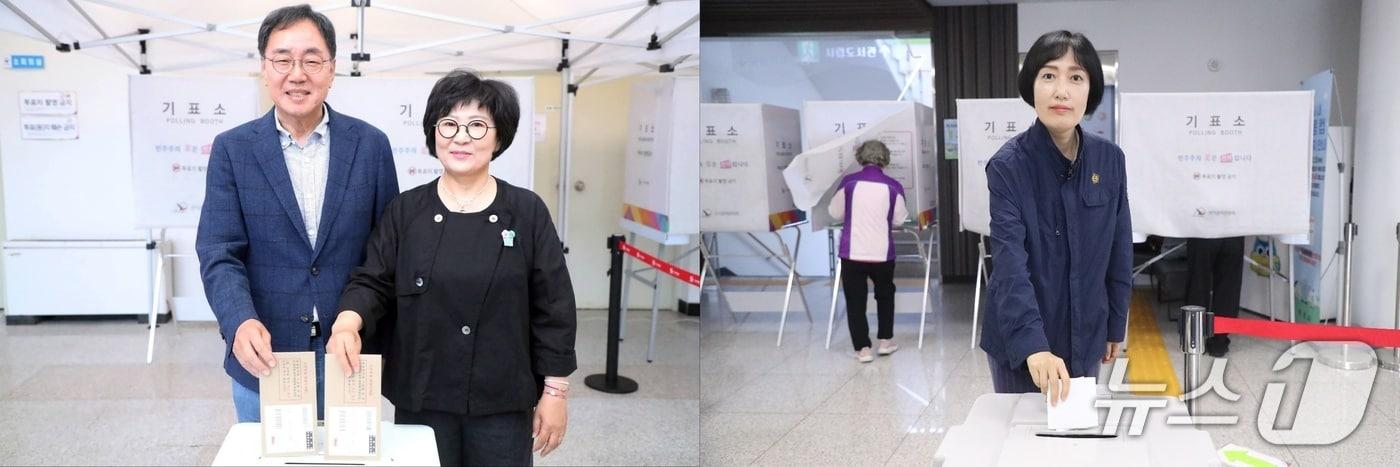 본문 이미지 - 제9회 전국동시지방선거 사전투표 첫날인 29일 투표를 한 김철수 더불어민주당 강원 속초시장 후보와 배우자 이명희 씨(사진 왼쪽), 염하나 무소속 시장 후보.2026.5.29/뉴스1 (각 후보 제공)