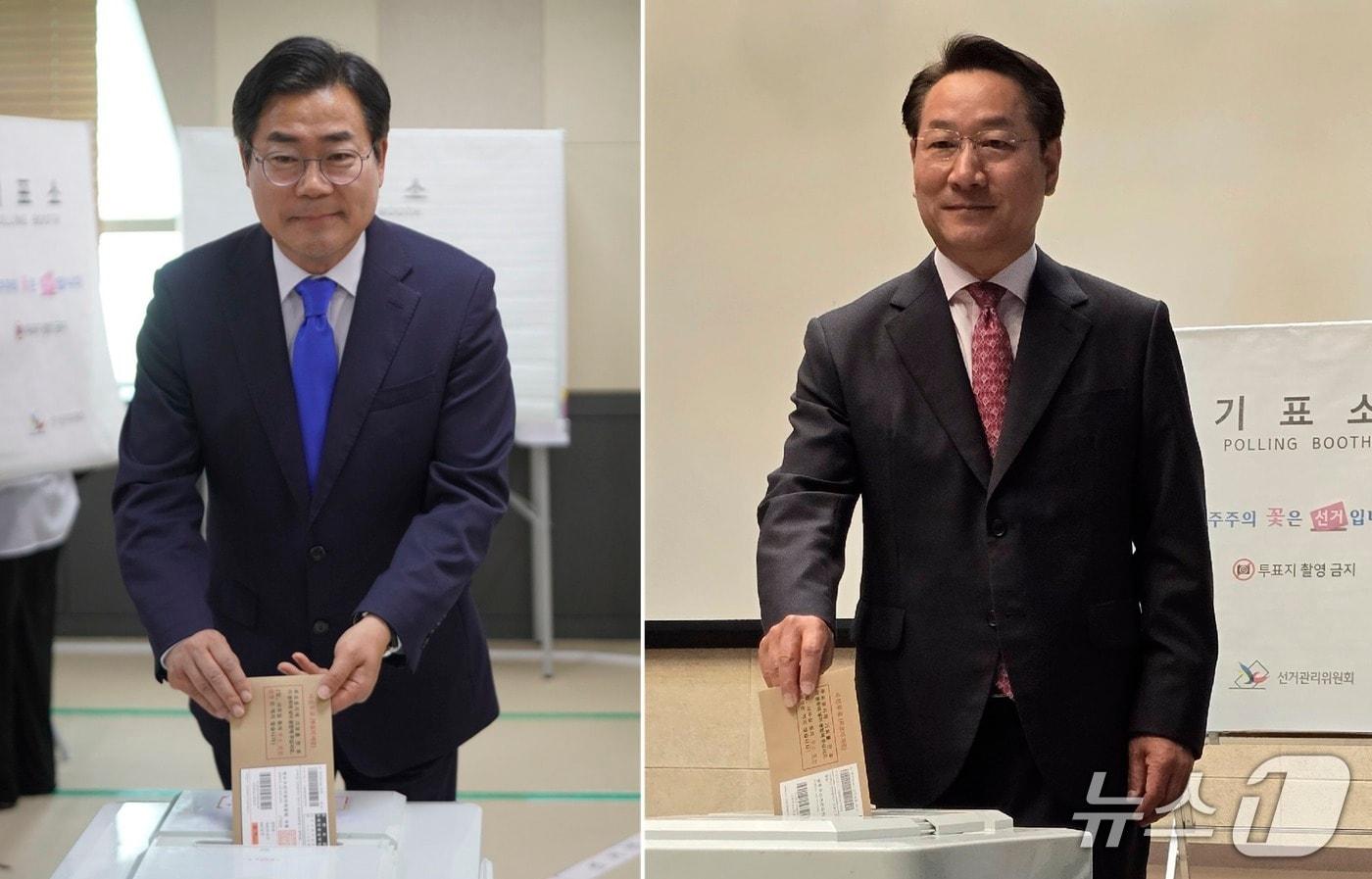 본문 이미지 - 인천시장 선거에 나선 박찬대 더불어민주당 후보(좌)와 유정복 국민의힘 후보(우)가 사전선거 첫날인 29일 투표하고 있다. / 뉴스1 ⓒ News1
