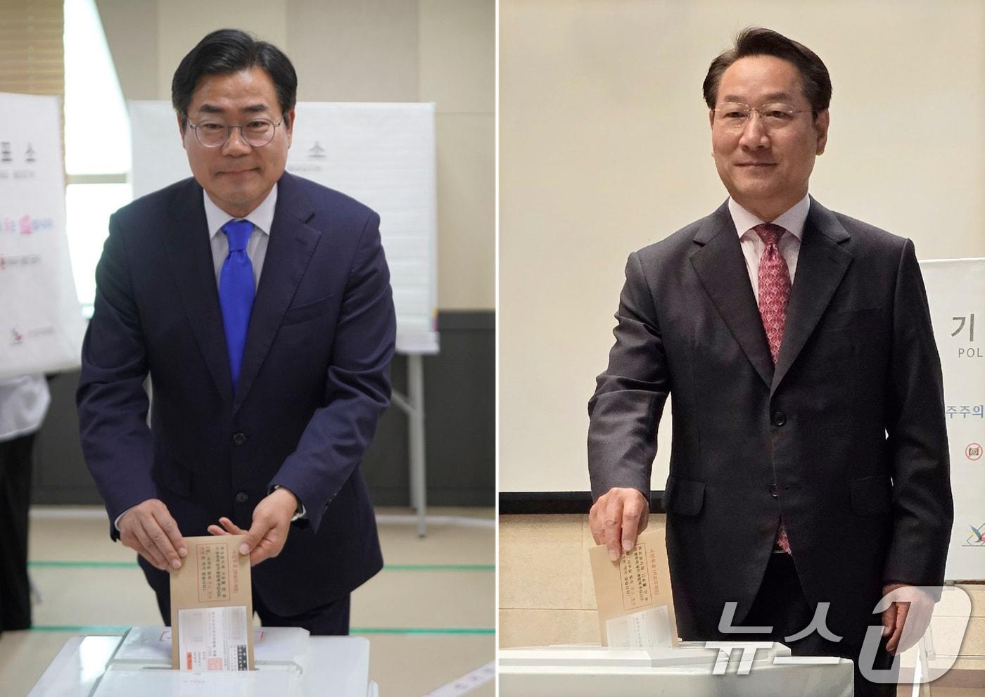 본문 이미지 - 박찬대 더불어민주당 인천시장 후보(왼쪽)와 유정복 국민의힘 인천시장 후보가 29일 각각 인천시 사전투표소인 송도2동 행정복지센터, 문화창작지대에서 투표를 하고 있다. (박찬대후보사진 캠프 제공,재판매 및 DB금지) 2026.5.29 ⓒ 뉴스1 유준상 기자