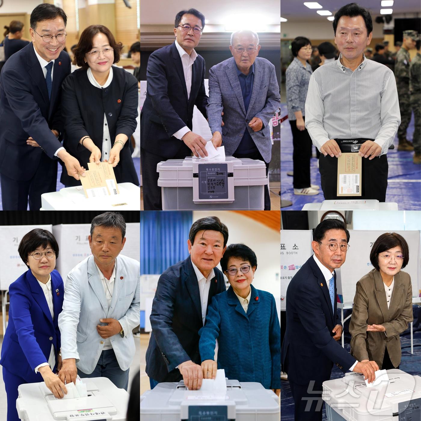 본문 이미지 - 제주도지사 선거 기호 1번 위성곤 더불어민주당 후보(윗줄 왼쪽부터)와 기호 2번 문성유 국민의힘 후보, 기호 5번 양윤녕 무소속 후보, 제주도교육감 선거 고의숙 후보(아랫줄 왼쪽부터·이름순)와 김광수 후보, 송문석 후보가 제9회 전국동시지방선거 사전투표 첫날인 29일 오전 제주 사전투표소 곳곳에서 투표하고 있다. 2026.5.29 ⓒ 뉴스1 오미란 기자