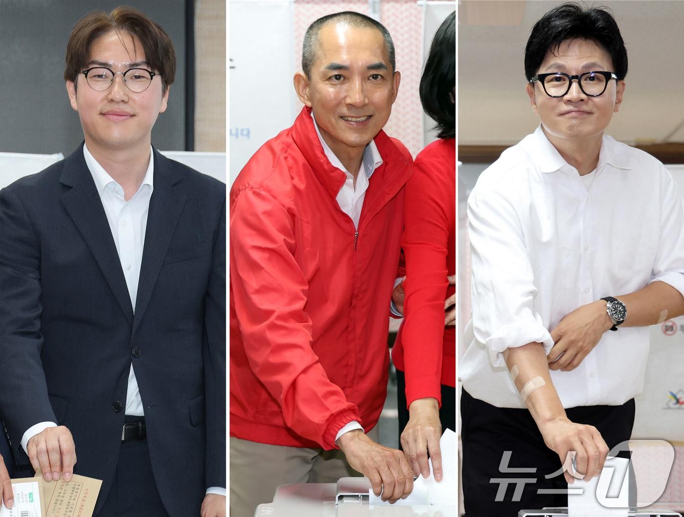 본문 이미지 - 하정우 더불어민주당 부산 북구갑 국회의원 후보(왼쪽부터), 박민식 국민의힘 부산 북구갑 국회의원 후보, 한동훈 무소속 부산 북구갑 국회의원 후보가 29일 부산 북구 덕천2동행정복지센터, 만덕제2동행정복지센터에서 각각 사전투표를 하고 있다. (공동취재) 2026.5.29 ⓒ 뉴스1 윤일지 기자