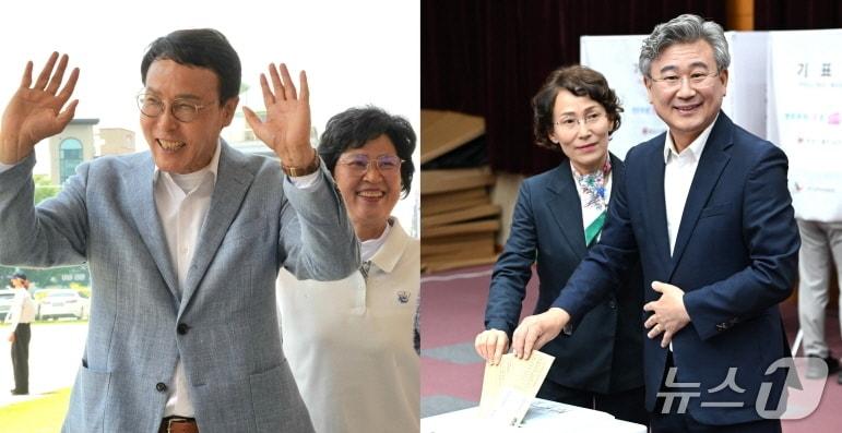 본문 이미지 - 이남호 전북교육감 후보(왼쪽)와 천호성 후보가 사전투표 첫날인 29일 아내와 함께 소중한 주권을 행사했다.(각 선대위 제공, 재판매 및 DB 금지)/뉴스1