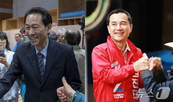 본문 이미지 - 민선 9기 강원지사 선거에 도전하는 우상호 더불어민주당 후보와 김진태 국민의힘 후보가 3일 강원 동해안에서 일정을 소화하면서 세 결집을 시도했다. (두 후보 측 제공. 재판매 및 DB금지) 2026.5.3/뉴스1