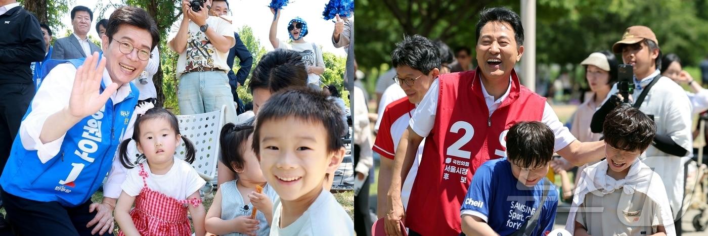 본문 이미지 - 정원오 더불어민주당 서울시장 후보(왼쪽)와 오세훈 국민의힘 서울시장 후보가 각각 30일 서울 성동구 서울숲과 영등포구 여의도 한강공원을 찾아 어린이들에게 인사하고 있다. 2026.5.30 ⓒ 뉴스1 김진환 기자,이호윤 기자