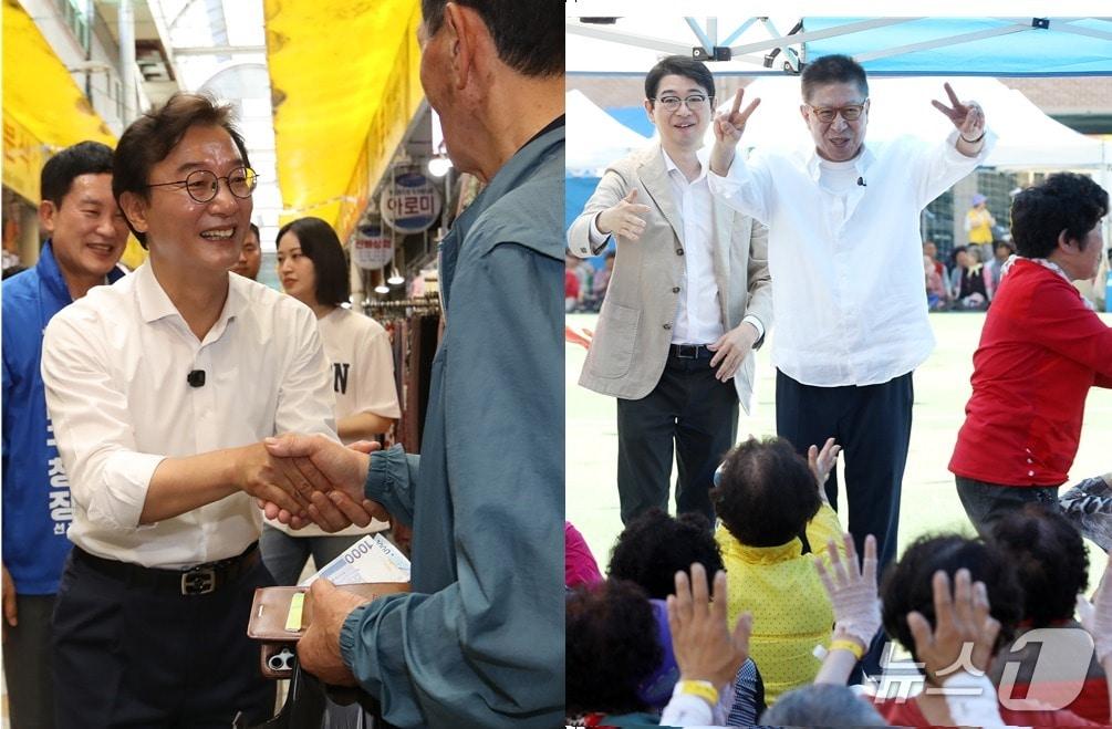 본문 이미지 - 30일 전재수 후보(왼쪽 사진)는 부산 해운대구 반송큰시장에서, 박형준 후보는 부산 해운대구 운봉초등학교에서 시민에게 지지를 호소하고 있다.2026.5.30 ⓒ 뉴스1 윤일지 기자