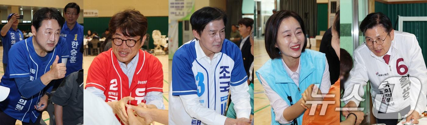 본문 이미지 - 경기평택을 국회의원 재선거에 출마한 김용남 더불어민주당(왼쪽부터), 유의동 국민의힘, 조국 조국혁신당, 김재연 진보당, 황교안 자유와혁신 후보.  2026.5.31 ⓒ 뉴스1 김영운 기자