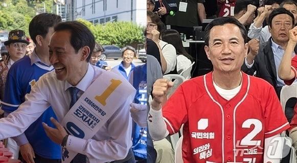 본문 이미지 - 민선 9기 강원지사에 도전하는 우상호 더불어민주당 후보와 김진태 국민의힘 후보. 사진은 소속 정당 순. (두 후보 캠프 측 제공. 재판매 및 DB금지) 2026.5.31/뉴스1