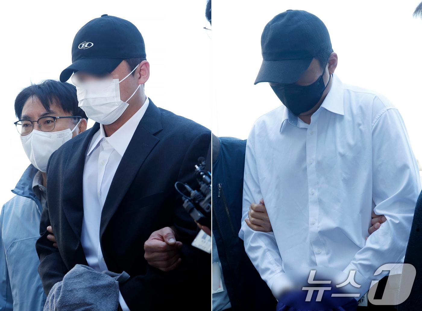 본문 이미지 - 고(故) 김창민 영화감독을 폭행해 숨지게 한 혐의를 받는 피의자 A 씨와 B 씨 2명이 4일 오전 경기도 남양주시 다산중앙로 의정부지법 남양주지원으로 구속 전 피의자 심문(영장실질심사)을 받기 위해 들어오고 있다.  2026.5.4 ⓒ 뉴스1 박정호 기자
