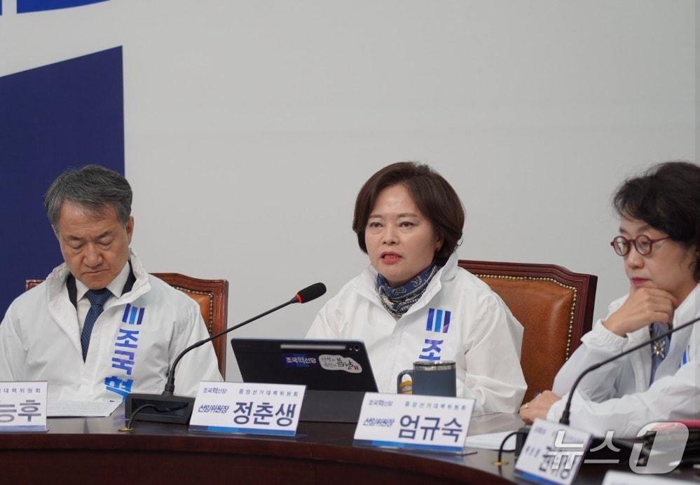 본문 이미지 - 정춘생 조국혁신당 상임선대위원장이 4일 국회에서 열린 선대위 회의에서 발언하는 모습. (SNS 갈무리) ⓒ 뉴스1 