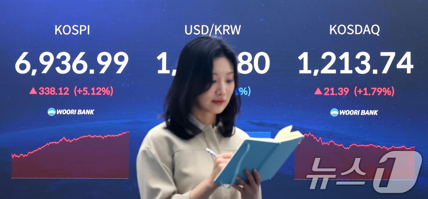본문 이미지 - 코스피 지수가 종가 기준 사상 최고치를 경신한 4일 오후 서울 중구 우리은행 본점 딜링룸 전광판에 코스피 지수 등 종가가 표시되고 있다. 2026.5.4 ⓒ 뉴스1 임세영 기자