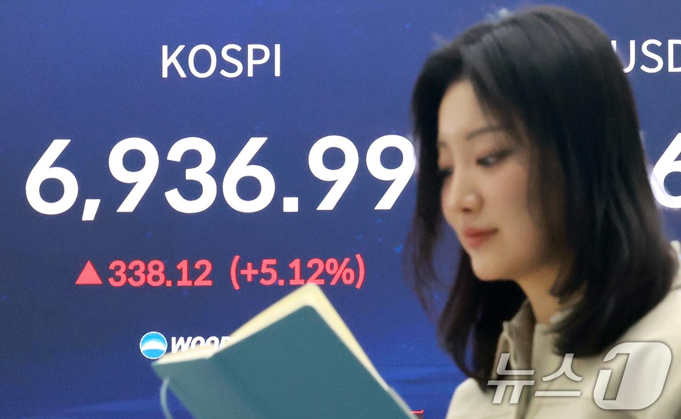 본문 이미지 - 코스피 지수가 종가 기준 사상 최고치를 경신한 4일 오후 서울 중구 우리은행 본점 딜링룸 전광판에 코스피 지수 등 종가가 표시되고 있다.  2026.5.4 ⓒ 뉴스1 임세영 기자