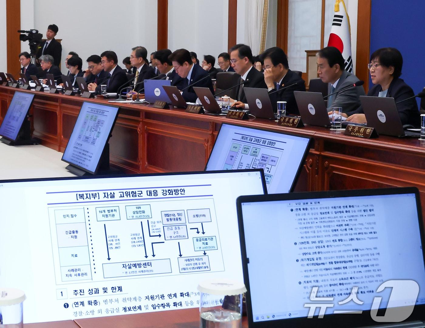 본문 이미지 - 정은경 보건복지부 장관이 6일 청와대에서 열린 비상경제점검회의 겸 국무회의에서 범정부 자살예방 대책 추진 현황을 보고하고 있다. (청와대통신사진기자단) 2026.5.6 ⓒ 뉴스1 허경 기자