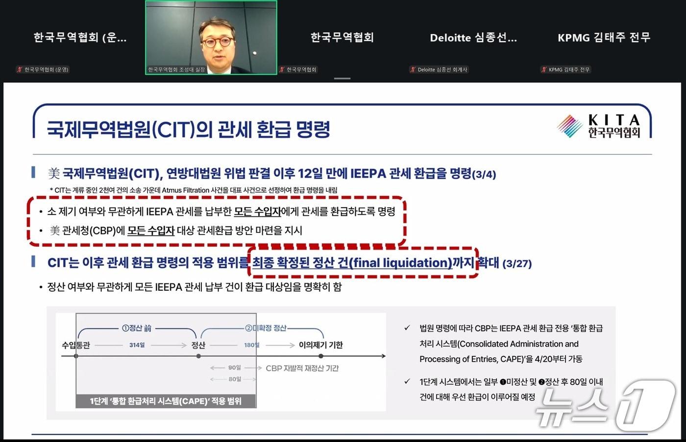 본문 이미지 -  한국무역협회(KITA)가 6일 개최한 '미 IEEPA 관세 환급 및 232조 관세 리스크 대응 온라인 설명회'에서 한국무역협회 통상연구실 조성대 실장이 세션 발표를 하고 있다.