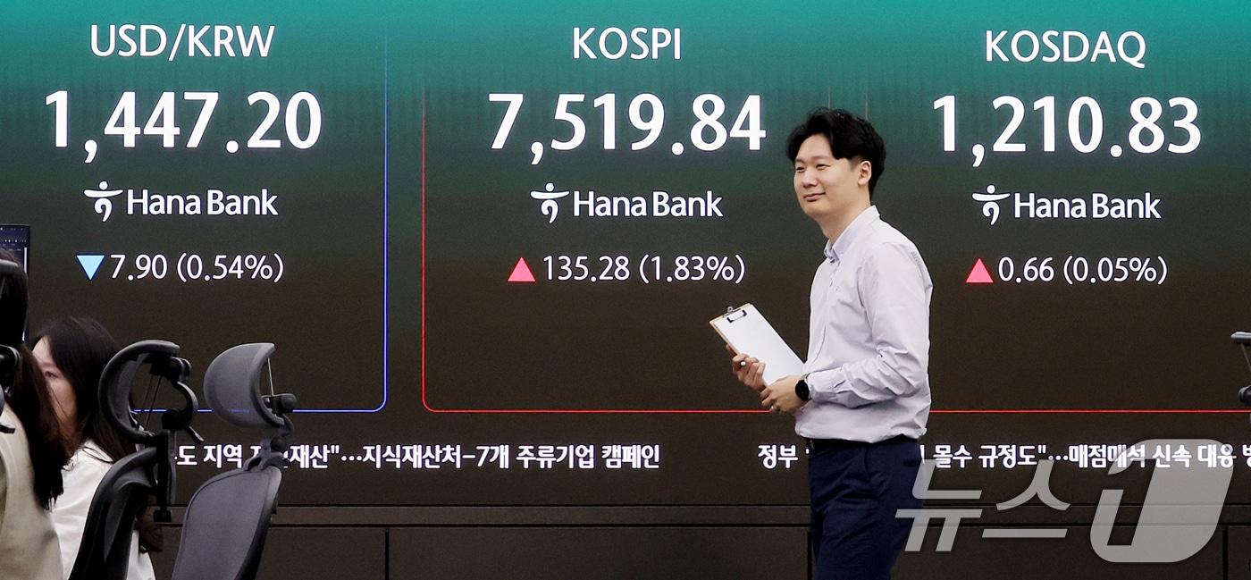 본문 이미지 - 코스피 지수가 사상 최고치 흐름을 이어간 7일 오전 서울 중구 하나은행 딜링룸 전광판에 시황이 표시되고 있다. 이날 코스피는 전 거래일 대비 114.51포인트(1.55%) 오른 7499.07에 개장했다. ⓒ 뉴스1 조연우 인턴기자