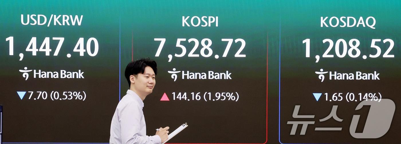본문 이미지 - 코스피 지수가 사상 최고치 흐름을 이어간 7일 오전 서울 중구 하나은행 딜링룸 전광판에 시황이 표시되고 있다.  2026.5.7 ⓒ 뉴스1 조연우 인턴기자