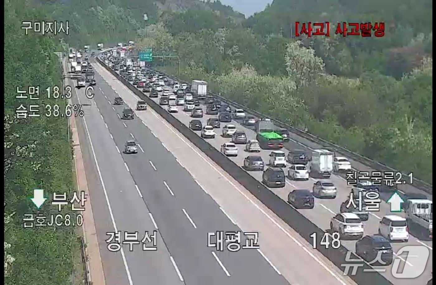 본문 이미지 - 7일 오전 6시 58분쯤 경북 칠곡군 지천면 연화리 경부고속도로 부산 방향 칠곡물류IC 인근에서 트레일러가 중앙분리대를 들이받고 반대편 도로로 넘어가는 사고가 발생해 일대 9㎞구간이 3시간동안 정체됐다.(고속도로 CCTV)2026.5.7/뉴스1
