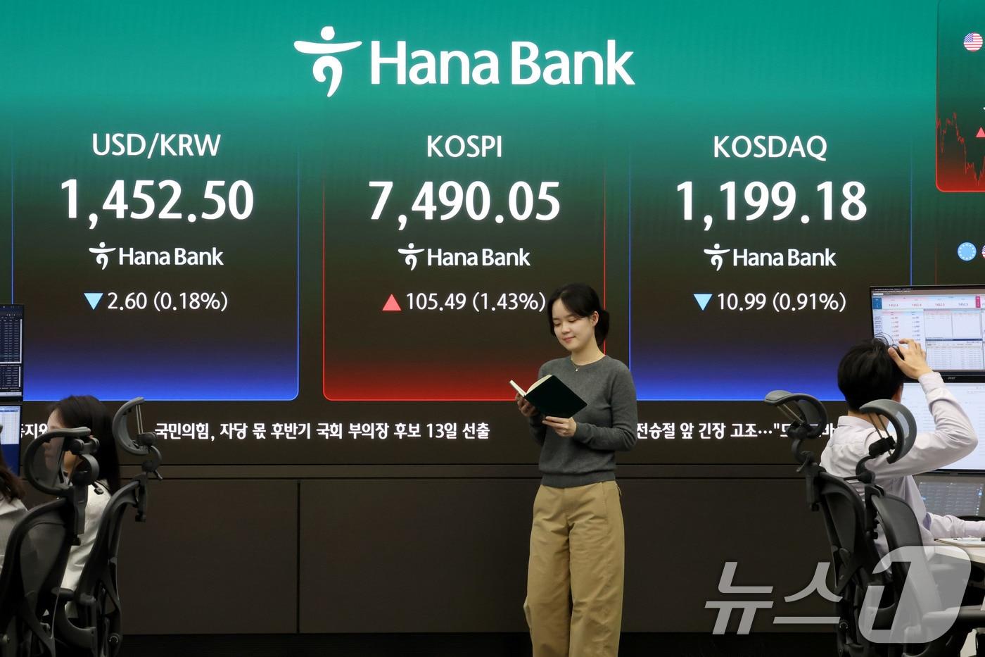 본문 이미지 - 코스피 지수가 사상 최고치로 마감한 7일 오후 서울 중구 하나은행 본점 딜링룸 현황판에 전장대비 105.49포인트(1.43%) 상승한 7490.05를 나타내고 있다. 2026.5.7 ⓒ 뉴스1 이광호 기자