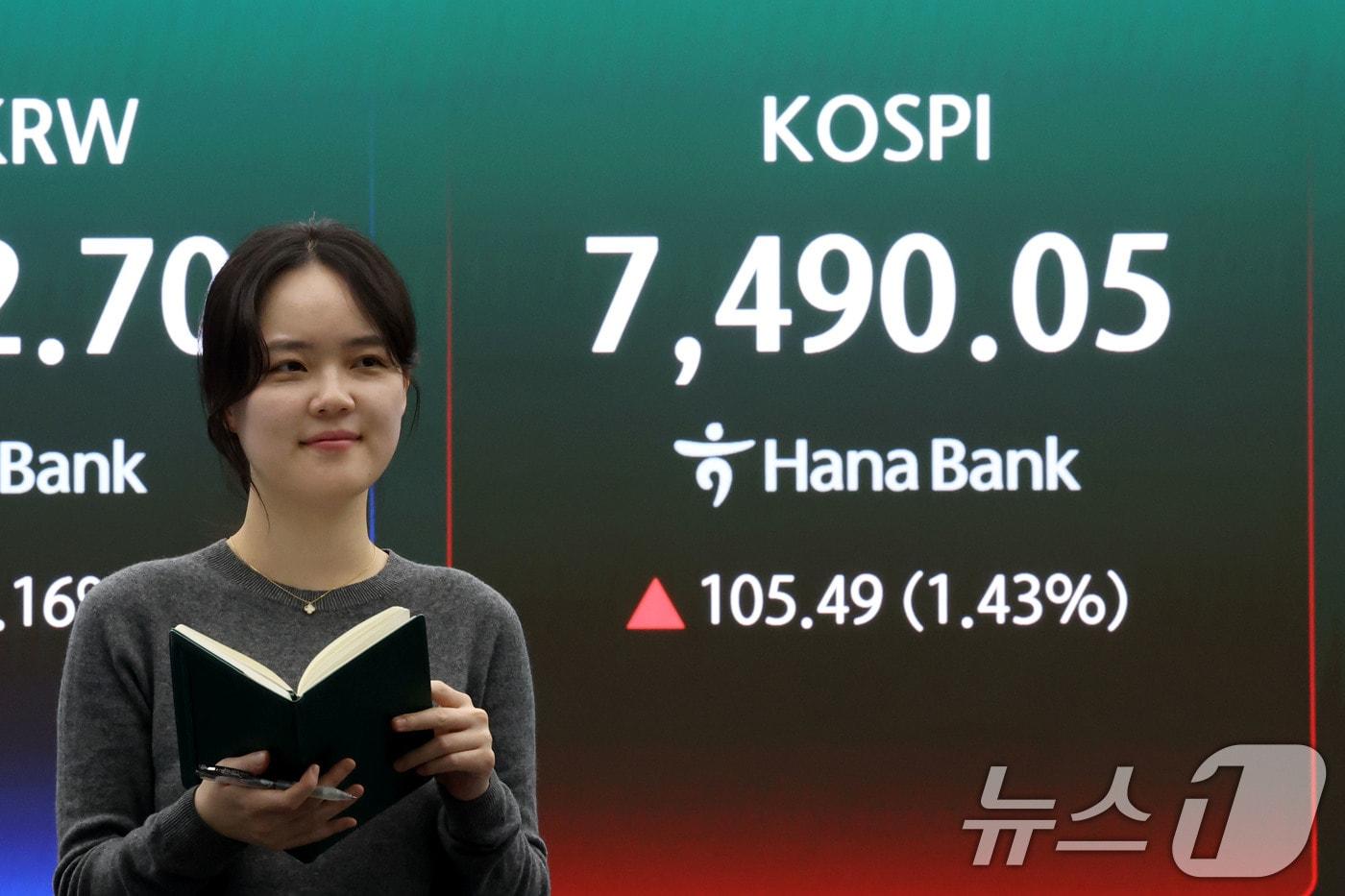 본문 이미지 - 코스피 지수가 사상 최고치로 마감한 7일 오후 서울 중구 하나은행 본점 딜링룸 현황판에 전장대비 105.49포인트(1.43%) 상승한 7,490.05를 나타내고 있다. 2026.5.7 ⓒ 뉴스1 이광호 기자