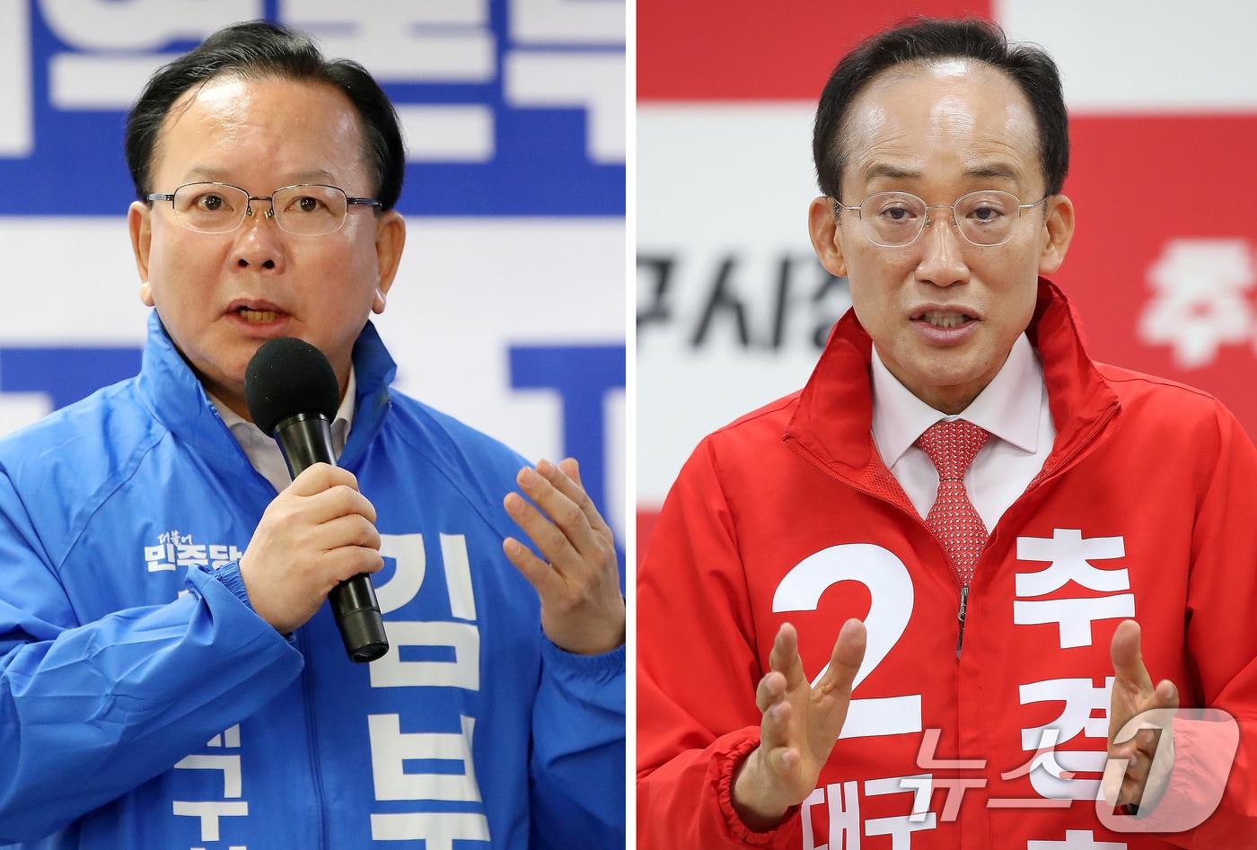 본문 이미지 - 8일 한국노총 대구본부 지지선언 행사에서 발언하는 김부겸 더불어민주당 대구시장 후보(왼쪽)와 지역사회교육자협의회 지지선언 행사에서 발언하는 추경호 국민의힘 대구시장 후보. 2026.5.8 ⓒ 뉴스1 공정식 기자