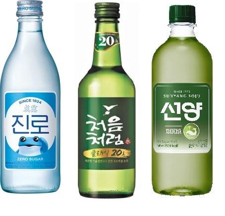 본문 이미지 - (왼쪽부터)올뉴진로, 처음처럼 클래식 20도, 선양 말차 소주.(각 사 제공)