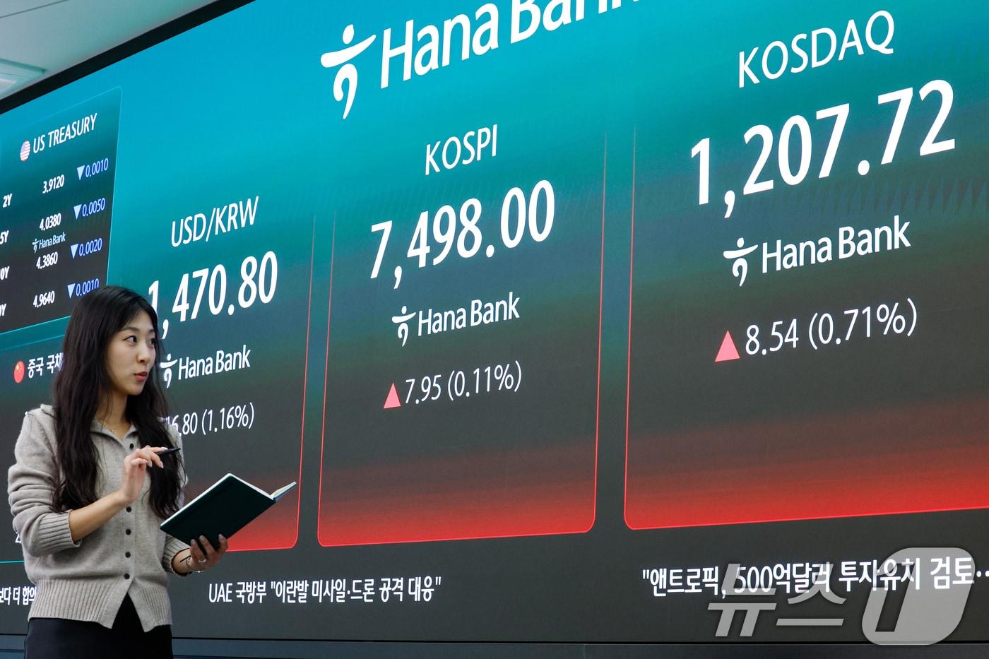 본문 이미지 - 서울 중구 하나은행 딜링룸에 코스피 지수가 7.95포인트(0.11%) 상승한 7498.00을 나타내고 있다. 2026.5.8 ⓒ 뉴스1 안은나 기자