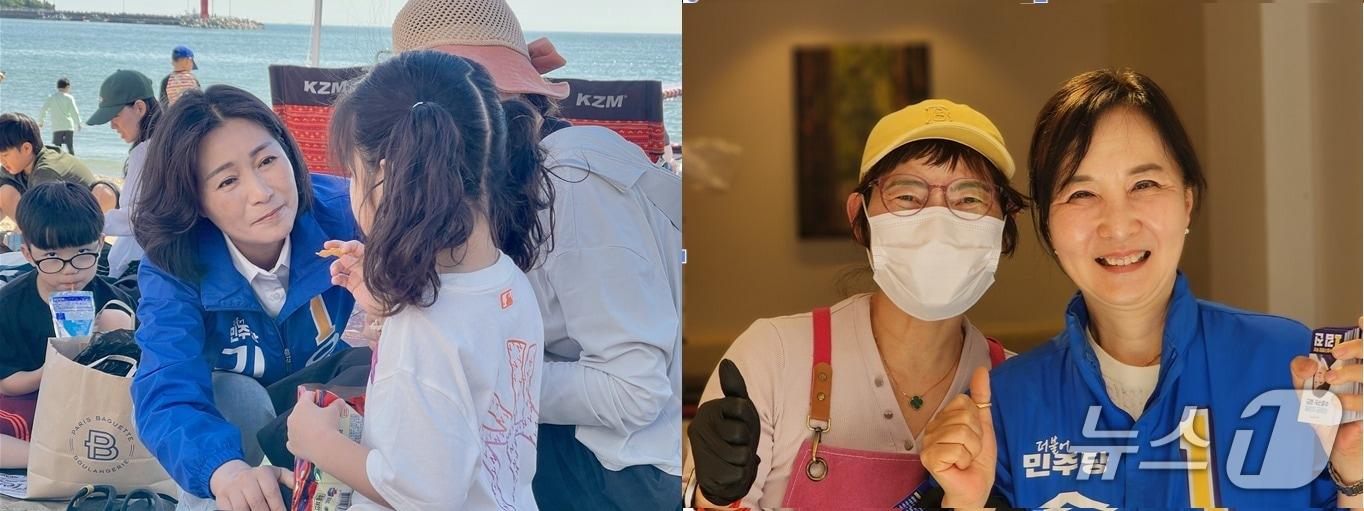 본문 이미지 - 유권자들을 만나고 있는 우성빈 기장군수 후보(왼쪽)와 김진 수영구청장 후보.(각 선거캠프 제공. 재판매 및 DB 금지)