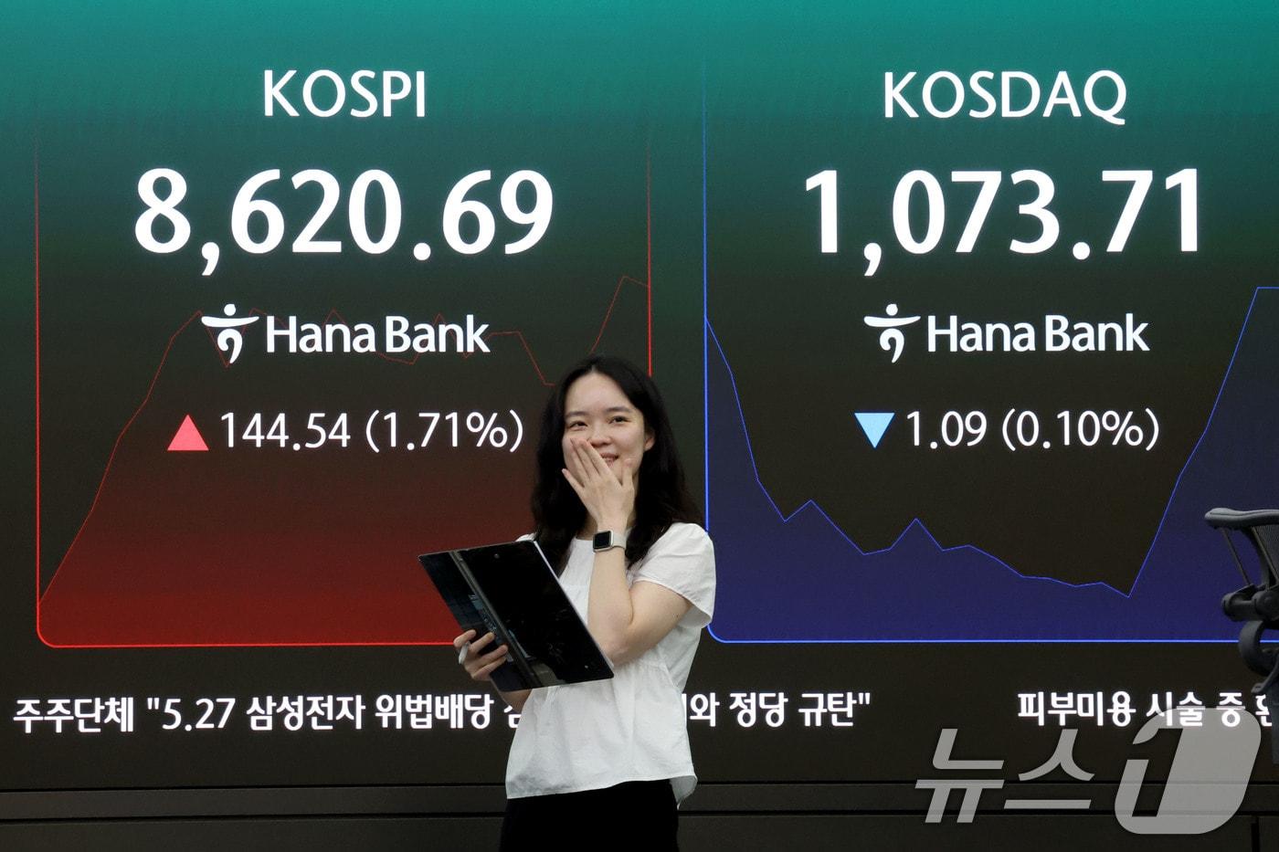 본문 이미지 - 1일 오전 서울 중구 하나은행 본점 딜링룸 현황판에 전장대비 144.54포인트(1.71%) 상승한 8,620.69를 나타내고 있다. 2026.6.1 ⓒ 뉴스1 이광호 기자