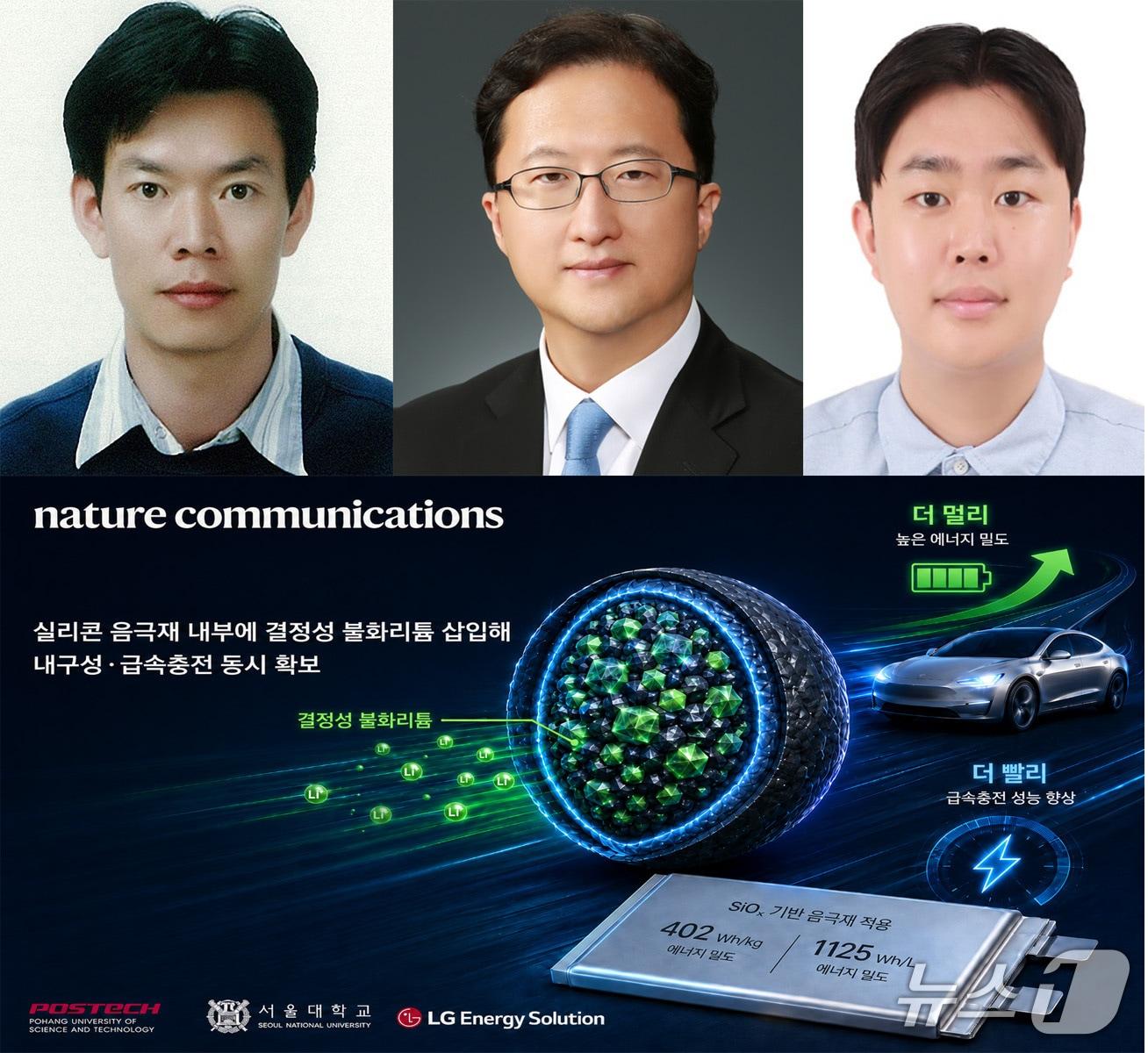 본문 이미지 - 1일 포스텍 화학과 박수진 교수팀이 20분 충전만으로 1000㎞ 주행할 수 있는 고강도 실리콘 음극 소재를 개발했다. 왼쪽부터 박수진 포스택 화학과 교수, 최창욱 서울대 화학생물공학부 교수, 제민준 포스텍 화학과 박사.(포스텍제공, 재판매 및 DB금지) 2026.6.1/뉴스1