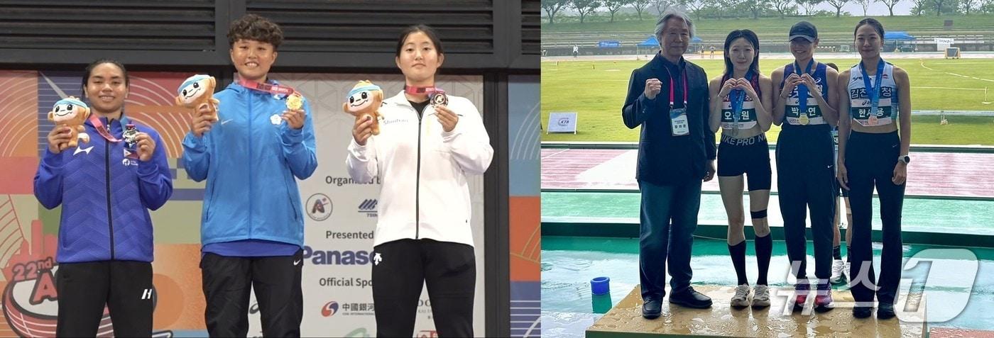 본문 이미지 - '제22회 아시아 U20 육상선수권대회'에서 동메달을 차지한 김민지 선수(왼쪽 사진 중 맨 오른쪽)와 'KTFL 전국실업육상경기선수권대회'에서 은메달을 획득한 오혜원 선수(오른쪽 사진의 왼쪽 두번째).(익산시 제공. 재판매 및 DB 금지)