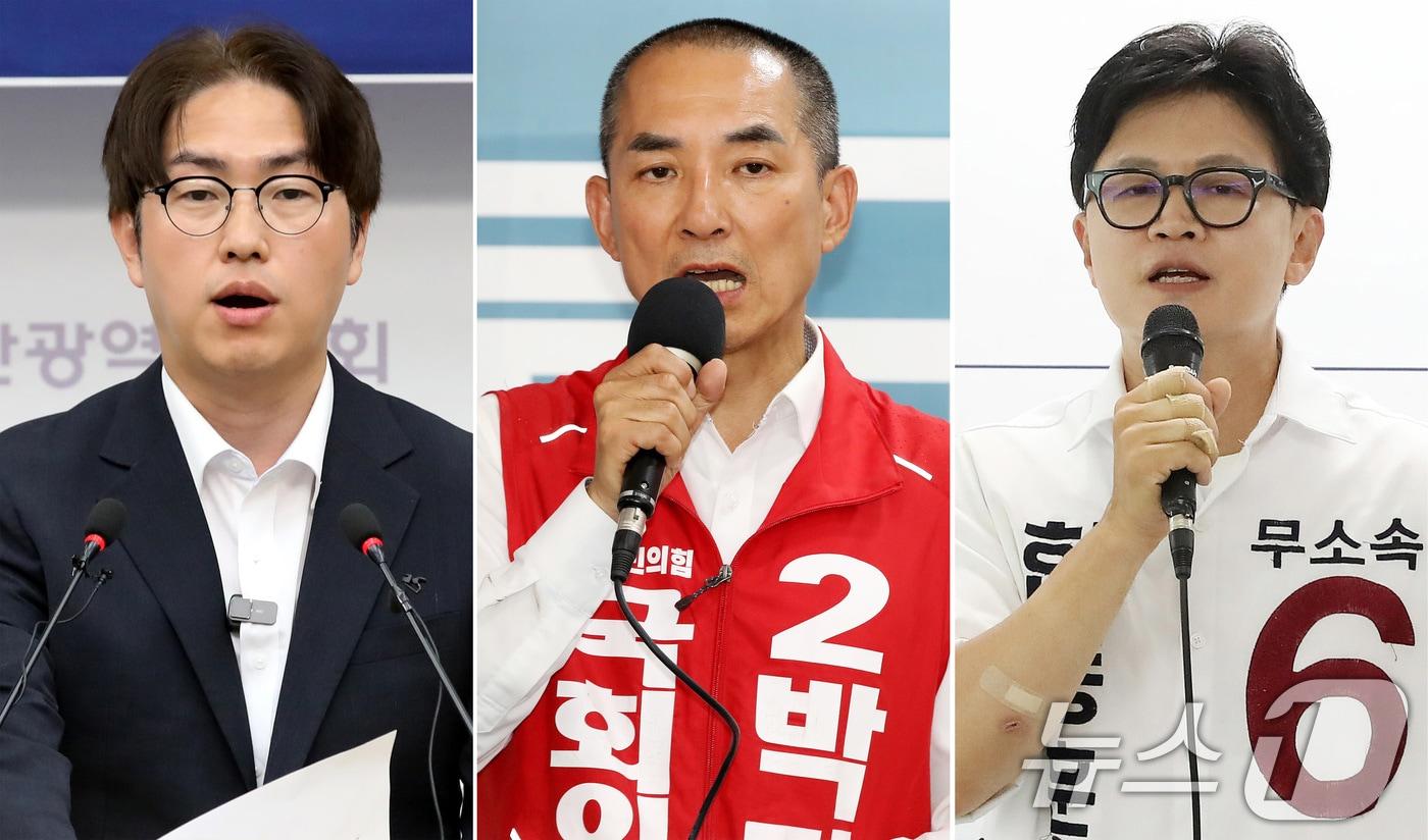 본문 이미지 - 부산 북구갑 국회의원 후보들이 1일 기자회견을 열고 지지를 호소하고 있다. 이날 부산시의회 브리핑룸에서 기자회견하는 하정우 더불어민주당 후보(왼쪽부터), 북구 선거사무소에서 기자회견하는 박민식 국민의힘 후보, 북구 선거사무소에서 기자회견하는 한동훈 무소속 후보. 2026.6.1 ⓒ 뉴스1 윤일지 기자