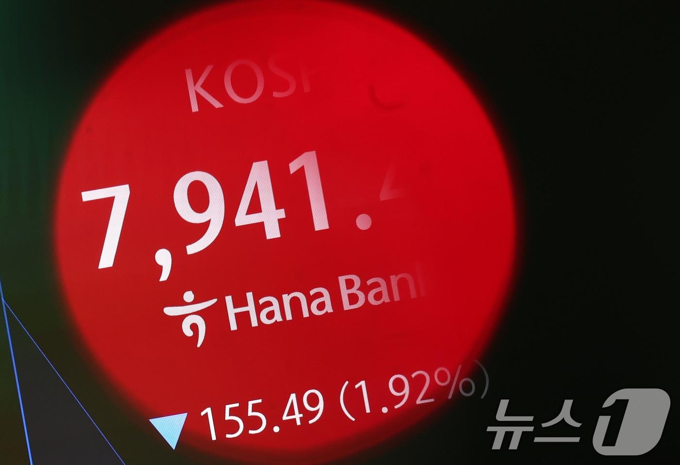 본문 이미지 - 코스피가 장 초반 2%대 하락 출발한 10일 오전 서울 중구 하나은행 딜링룸 전광판에 코스피 시황이 표시되고 있다. 2026.6.10 ⓒ 뉴스1 오대일 기자