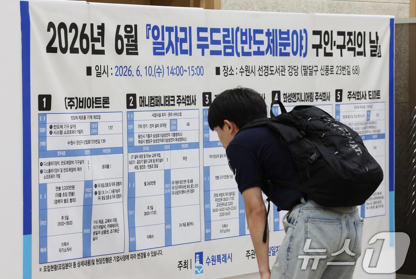 본문 이미지 - 10일 경기 수원시 팔달구 선경도서관에서 열린 '6월 반도체 분야 일자리 두드림 구인·구직의 날' 행사에서 구직자들이 채용게시판을 보고 있다. 2026.6.10 ⓒ 뉴스1 김영운 기자