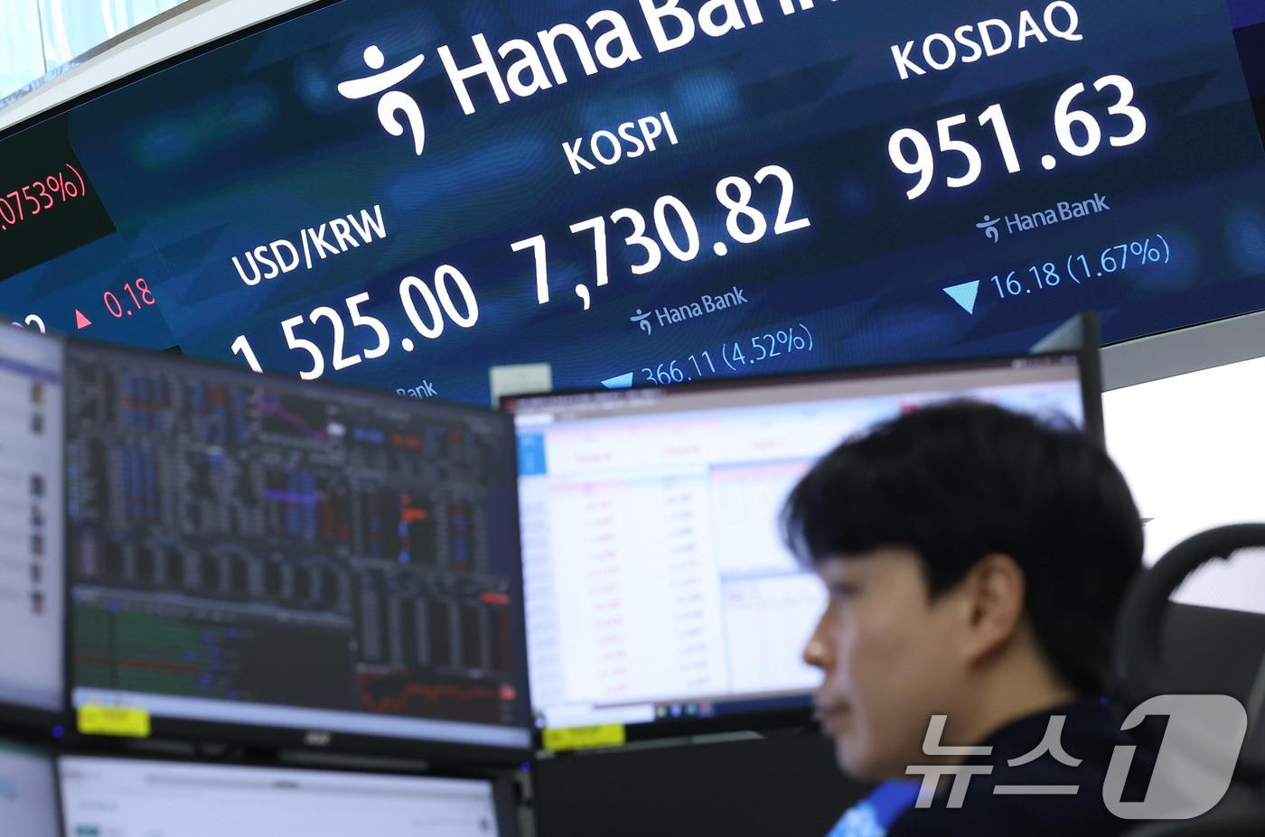 본문 이미지 - 10일 서울 중구 하나은행 본점 딜링룸 전광판에 종가가 나오고 있다.  2026.6.10 ⓒ 뉴스1 김성진 기자