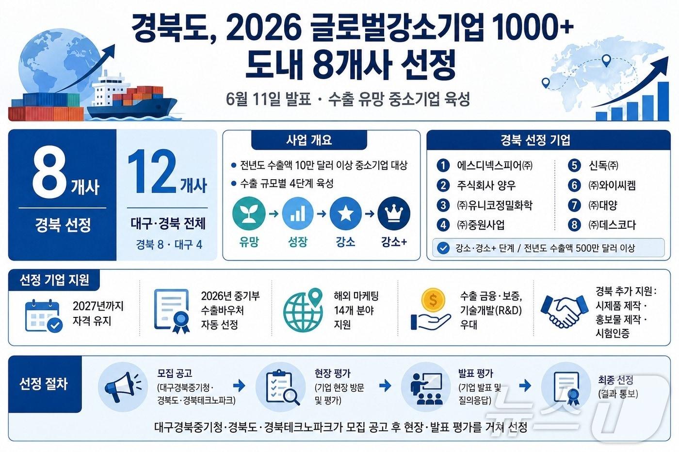 본문 이미지 - 경북도는 11일 중소벤처기업부의 '2026년 글로벌강소기업 1000+ 프로젝트'에 도내 수출 유망 중소기업 8개사가 선정됐다. /뉴스1