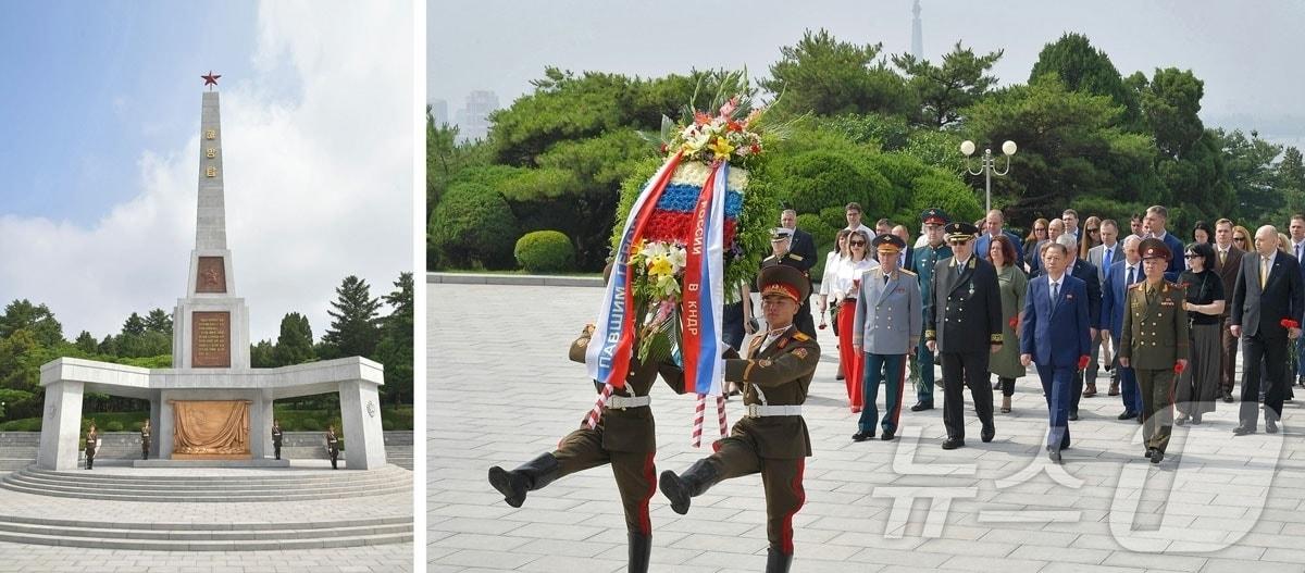 본문 이미지 - (평양 노동신문=뉴스1) = 북한 노동당 기관지 노동신문은 11일 주북 러시아대사관 관계자들이 러시아 국경일을 맞아 해방탑에 화환을 진정했다고 보도했다. [국내에서만 사용가능. 재배포 금지. DB 금지. For Use Only in the Republic of Korea. Redistribution Prohibited] rodongphoto@news1.kr