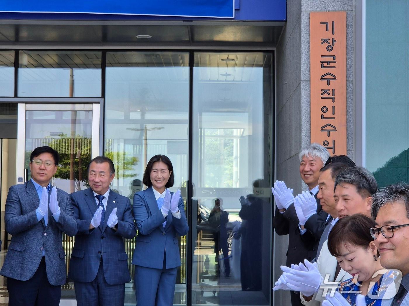 본문 이미지 - 민선 9기 기장군수직 인수위원회가 12일 오후 2시 수산자원연구센터에서 우성빈 기장군수 당선인(왼쪽 세 번째)과 최택용 인수위원장을 비롯한 위원들이 참석한 가운데 현판식을 갖고 1개월간의 활동에 들어갔다. 2026.6.12/뉴스1 ⓒ News1 임순택 기자