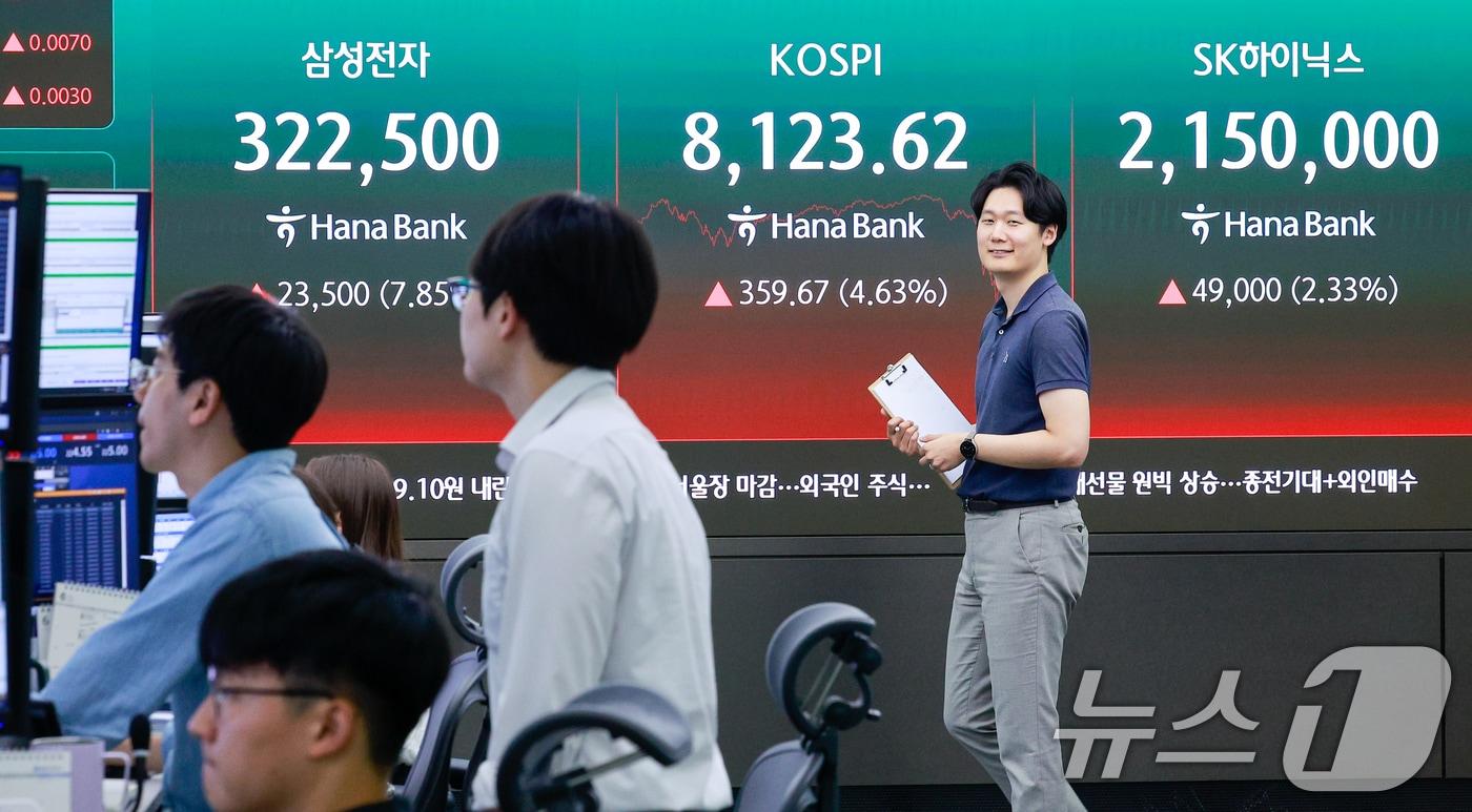 본문 이미지 - 12일 오후 서울 중구 하나은행 본점 딜링룸에 코스피 종가와 삼성전자, SK하이닉스 주가가 있다. 이날 코스피는 전일 종가와 비교해 359.67포인트(4.63%) 상승한 8123.62, 코스닥은 32.12p(3.22%) 오른 1029.05로 마감했다. 달러·원 환율은 전일 오후 3시 30분 주간종가 대비 9.1원 내린 1519.8원을 기록했다. 2026.6.12 ⓒ 뉴스1 안은나 기자
