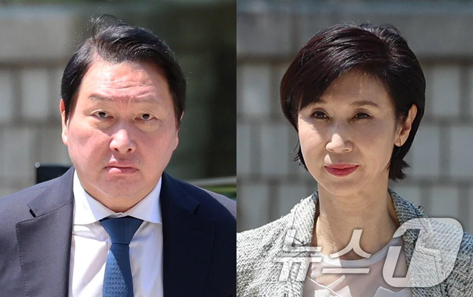 본문 이미지 - 최태원 SK그룹 회장(왼쪽)과 노소영 아트센터 나비 관장이  서울 서초구 서울고등법원에서 열린 재산 분할 파기환송심 2차 조정 기일에 출석하고 있다. (공동취재) 2026.6.15 ⓒ 뉴스1 김도우 기자